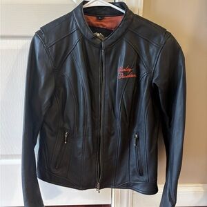 Harley-Davidson Black Leather Jacket with Orange logo.